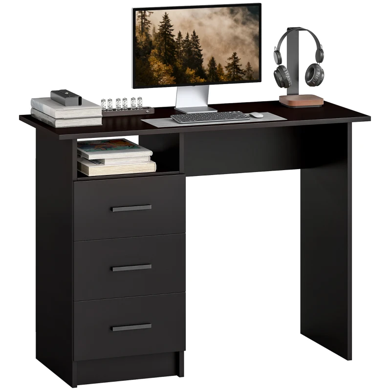 HOMCOM Platzsparender Schreibtisch mit 3 Schubladen, offenem Fach, Büroschreibtisch, modern, PC-Tisch für Zuhause und Büro, 100x40x75 cm, Schwarz