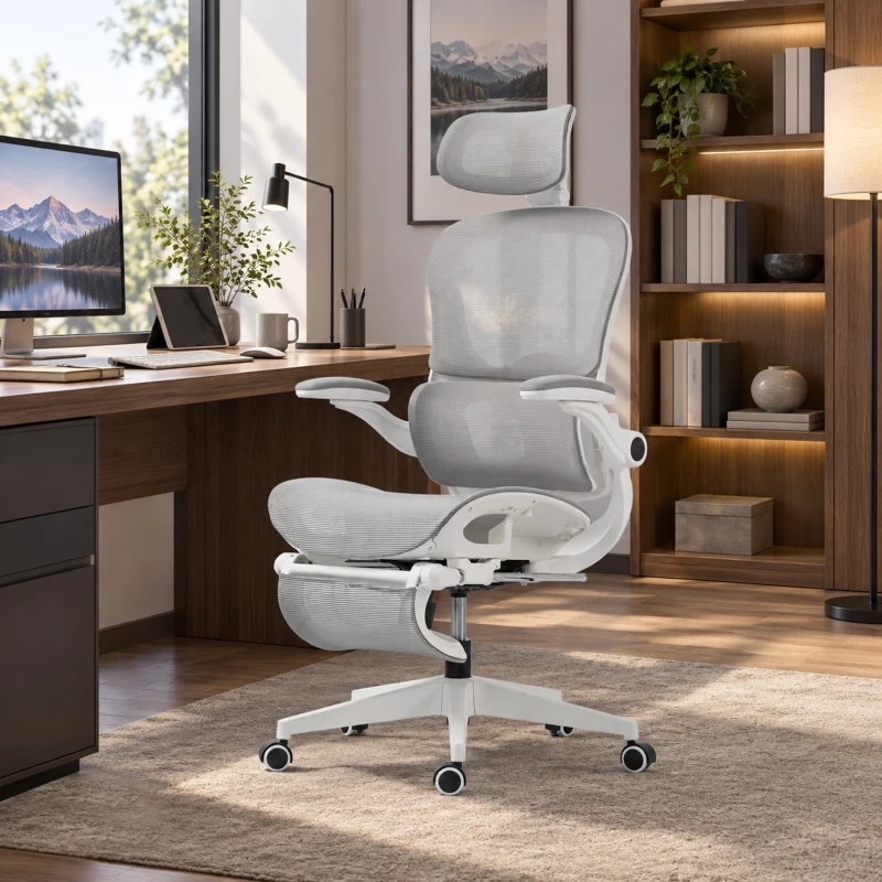 HOMCOM Scaun de birou ergonomic rabatabil din plasă, suport lombar, tetieră, cotiere rabatabile, 62x66x126cm, Gri
