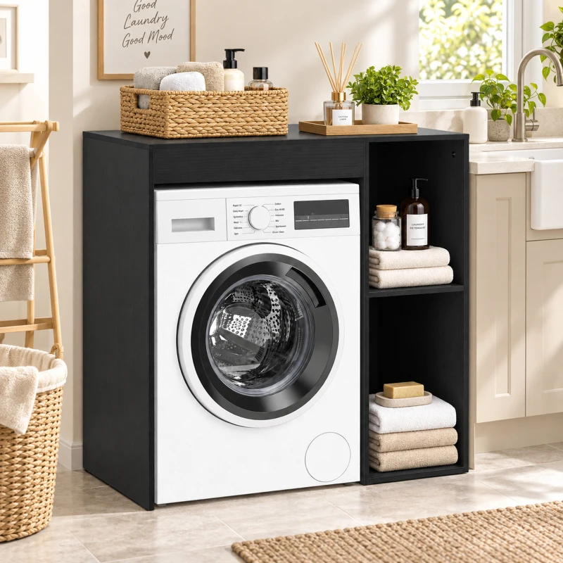 HOMCOM Mobilier pentru mașina de spălat, dulap pentru mașina de spălat și uscător cu 2 compartimente deschise, 96 x 60 x 90,5 cm, negru