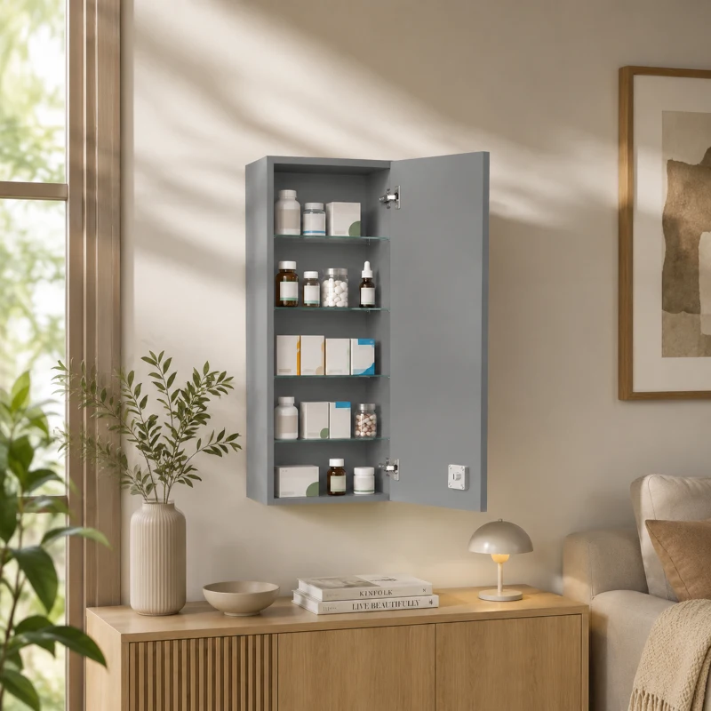 kleankin Armario de farmacia mural con cerradura, 5 estantes y baldas regulables, madera y vidrio, gris, 30x20x70cm