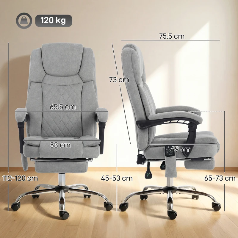 HOMCOM Fotoliu birou cu masaj vibrant și încălzire, scaun ergonomic din catifea imprimată, spătar înclinabil, gri