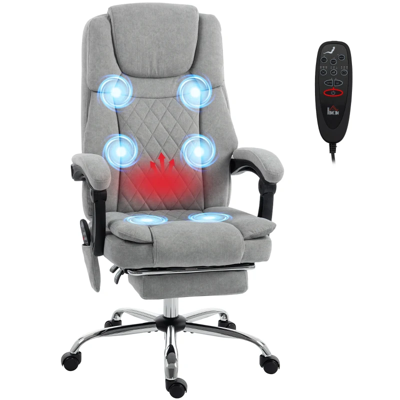 HOMCOM Fotoliu birou cu masaj vibrant și încălzire, scaun ergonomic din catifea imprimată, spătar înclinabil, gri