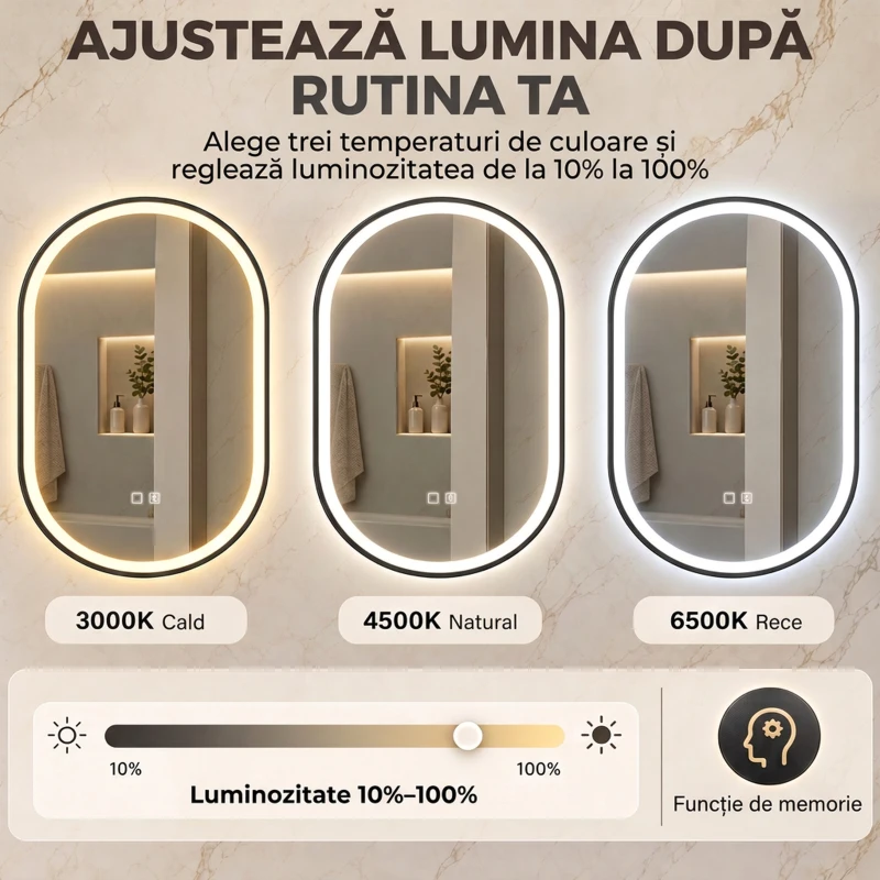 HOMCOM Oglindă de Baie Ovală cu LED 70x100 cm, Bluetooth, Memorie, Butoane Tactile, Antiaburire
