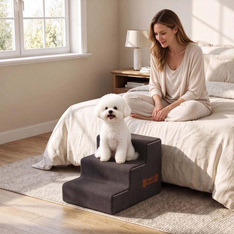 PawHut Dog Steps, 3-Step Dog Stairs for Bed and Sofa, Pet Stairs with Carry Handle, Washable Cover