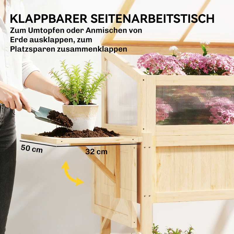 Outsunny Hoogbed met broeikasopzet van hout plantenbak met kas, inklapbare zijtafel en opbergruimte, naturel hout