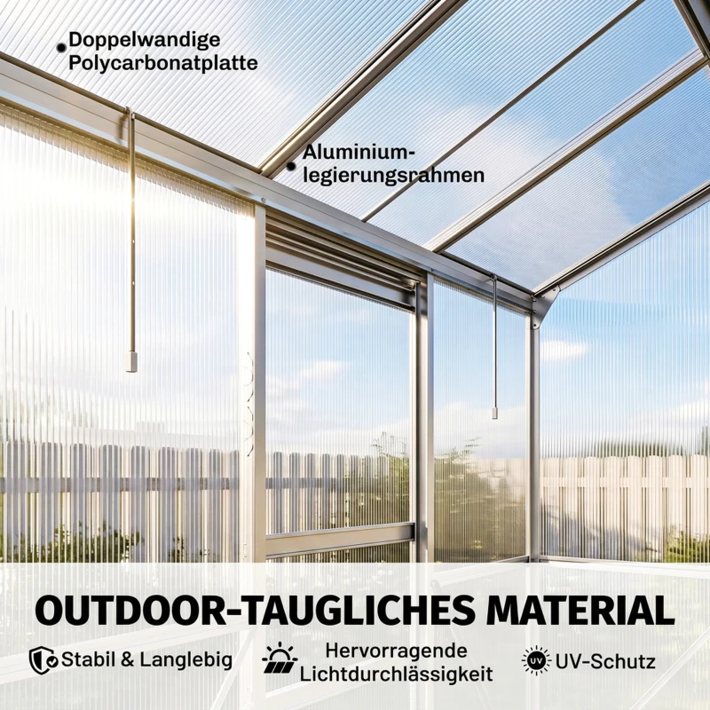 Outsunny Anlehngewächshaus, Schiebetür, Dachfenster, Polycarbonat+Aluminium, Farbe: Silber, 192 x 68 x 196 cm