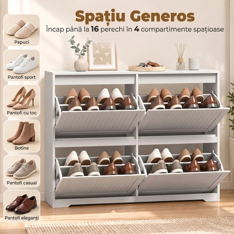 HOMCOM Pantofar slim cu 4 uși rabatabile, pentru 16 perechi, rafturi reglabile, 114,6x26x87,1 cm, alb