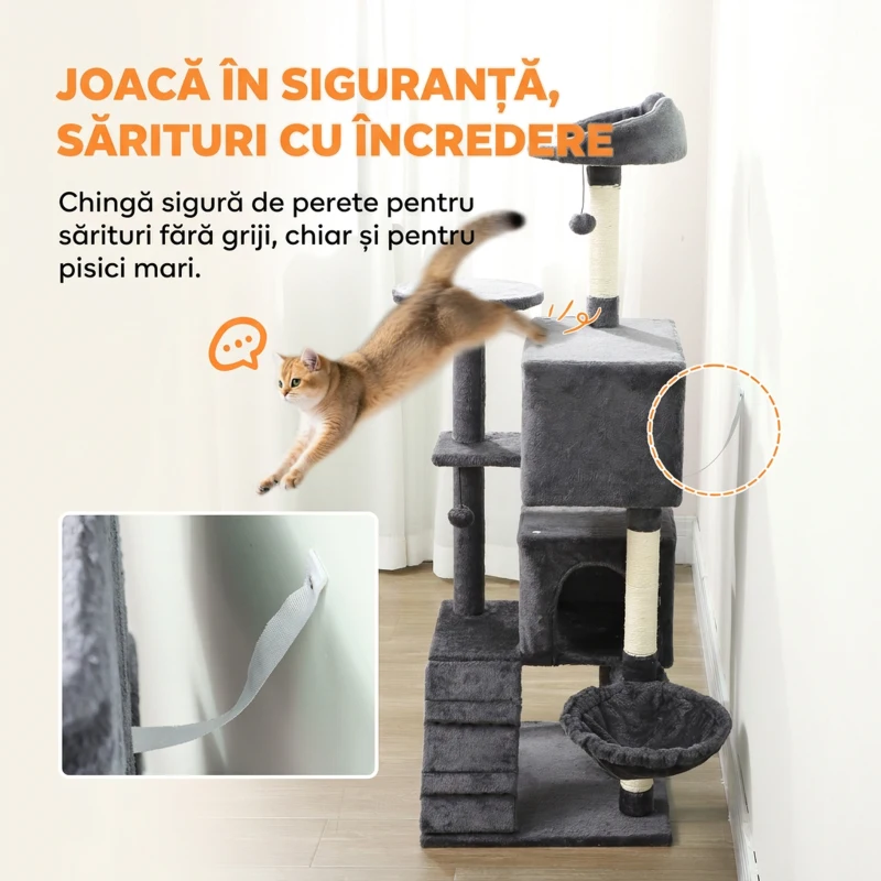 PawHut Arbore pentru Pisici Înalt de 140 cm cu 2 Cuști, Pat și Hamac pentru 2-3 Pisici, Acoperit cu Pluș, Gri