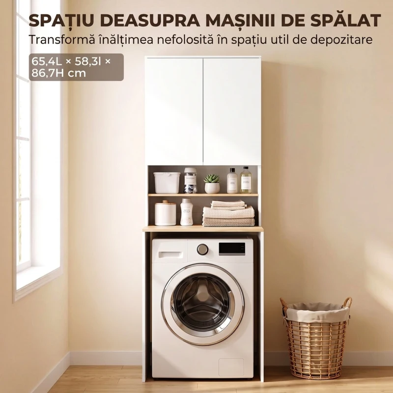 HOMCOM Dulap deasupra Mașinii de Spălat, 2 Uși Soft-Close, Raft Reglabil, 2 Rafturi Deschise, 68x59.8x188.6 cm, Alb și Stejar