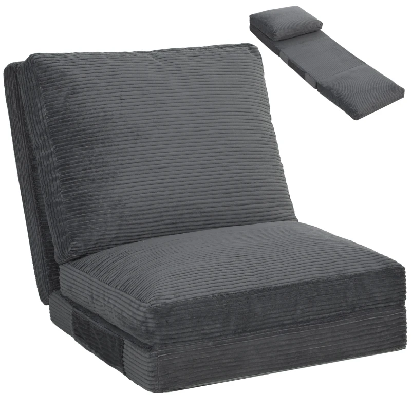 HOMCOM Scaun-pat pliant 76 cm, canapea de podea din catifea corduroy, umplutură groasă, husă detaşabilă şi lavabilă, gri