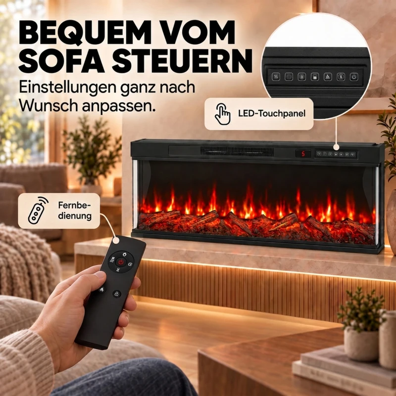 HOMCOM Elektrische haard met verwarming en 12 vlamkleuren, wandhaard met afstandsbediening, 127 cm