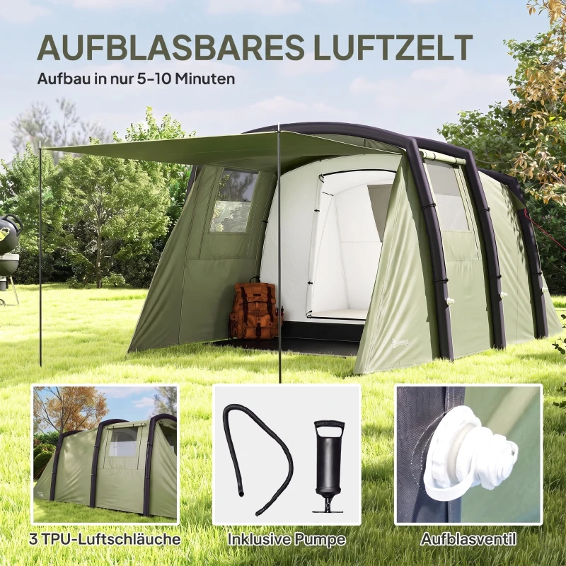 Outsunny Aufblasbares Campingzelt 3 Personen Outdoor Tunnelzelt mit Seitenfenstern Tür Luftträger 4,4 x 2,8 x 1,95 m Grün