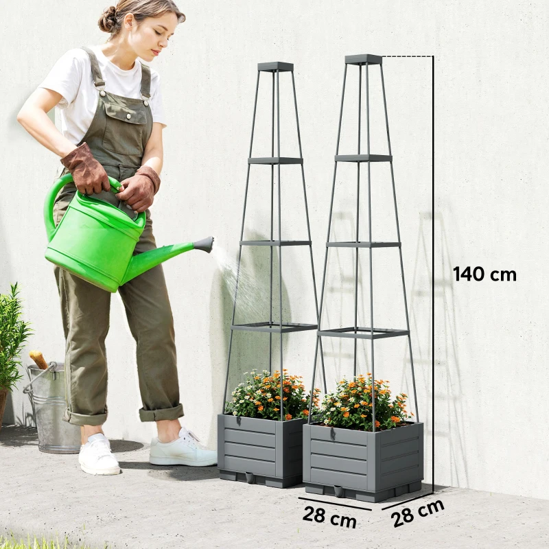 Outsunny 2 Pack Raised Garden Bed with Trellis, Plastic Outdoor Planter Box with Removable Drainage Tray