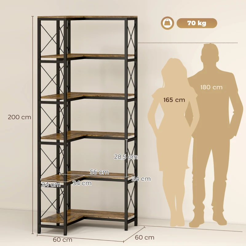 HOMCOM Bibliothèque d'angle à 6 niveaux, meuble de rangement en métal pour salon, chambre, bureau, 60x60x200cm, brun rustique