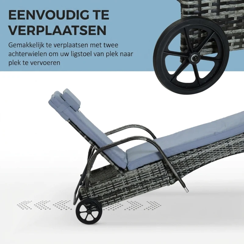 Outsunny poly-rotan ligbank ligstoel rotan ligstoel tuinmeubel mobiel grijs