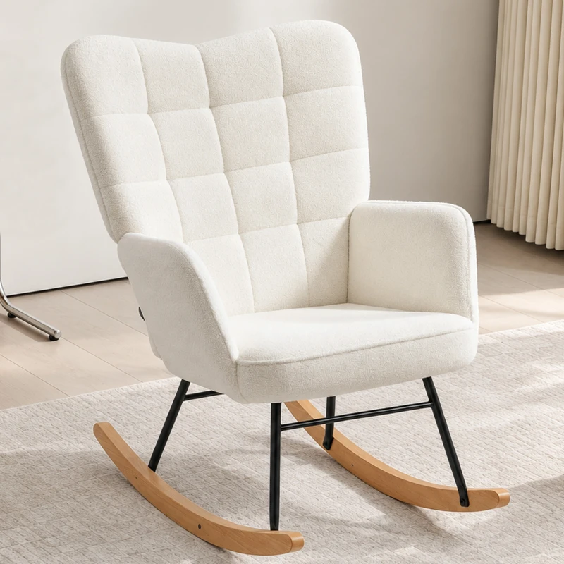 HOMCOM Schaukelstuhl in Vliesoptik mit Armlehnen, Ergonomischer Sessel mit Holzkufen, für Wohnzimmer, Schlafzimmer, Weiß(m-7)