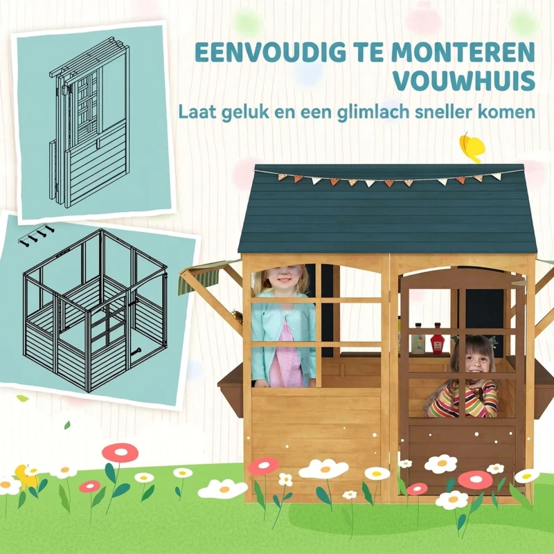 AIYAPLAY Kinder speelhuis van dennenhout, Opvouwbare Speelhut met Vensters, Deur, voor Kinderen van 3-8 Jaar, Bruin+Blauw