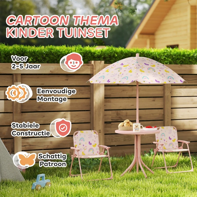 AIYAPLAY Kinderhoekje, Opvouwbare Stoelset met Parasol, Vrolijk Patroon, Roze