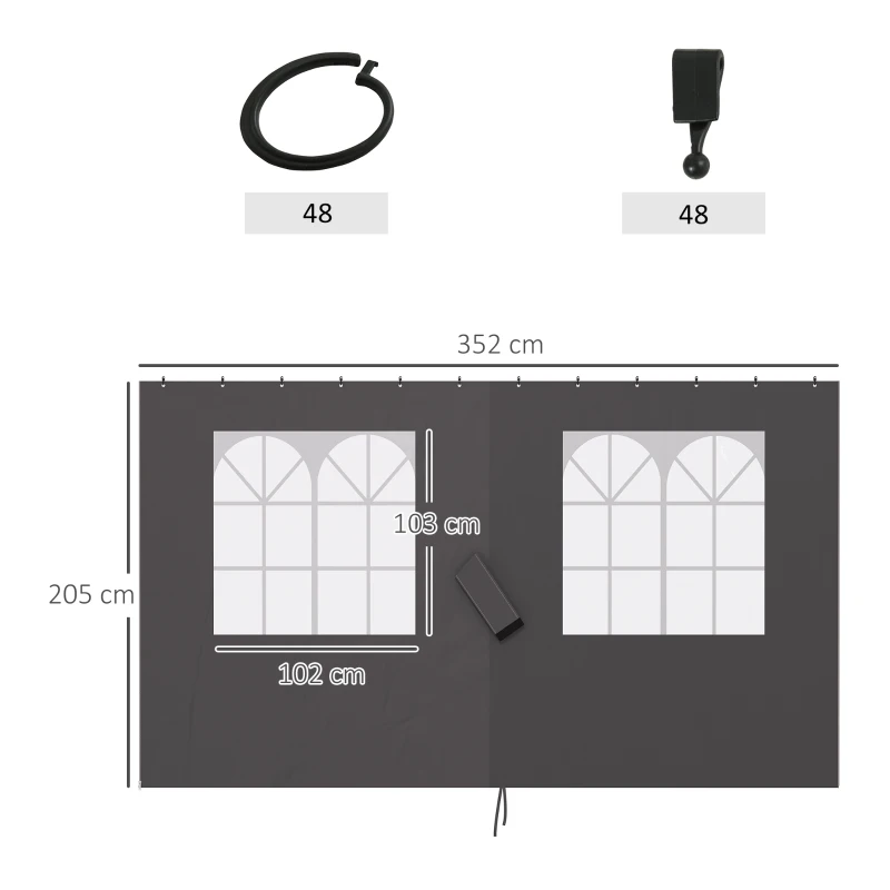 Outsunny Paviljoenzijwanden, 4 zijpaneeldelen voor tuinpaviljoen, met rits, 3 x 4 m paviljoen, Donkergrijs