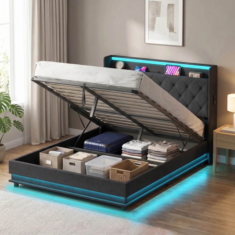HOMCOM 4ft6 Double Bed Frame with Headboard, Platform Bed Frame with Hydraulic Storage, LED Lights and Charging Station, Black