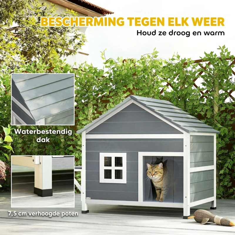 PawHut Kattenhuis van hout 2 verdiepingen kattengrot met waterdicht opklapbaar dak, zijplatform, 101x72,5x81cm, Grijs