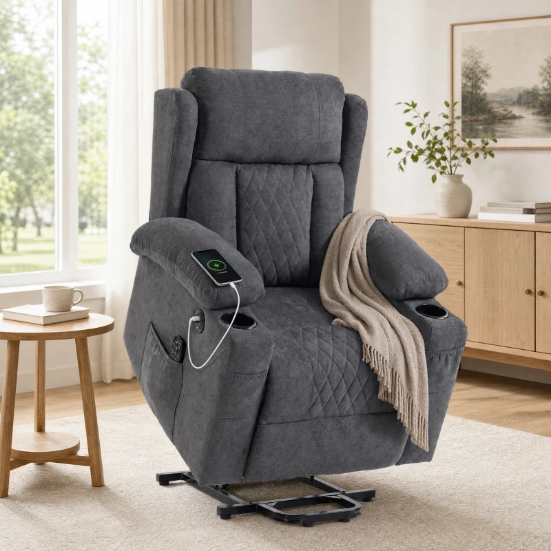 HOMCOM Sillón Relax Reclinable Eléctrico Levanta Personas con 8 Puntos Masaje y Calor Lumbar Puerto USB Mando Reposapiés Gris