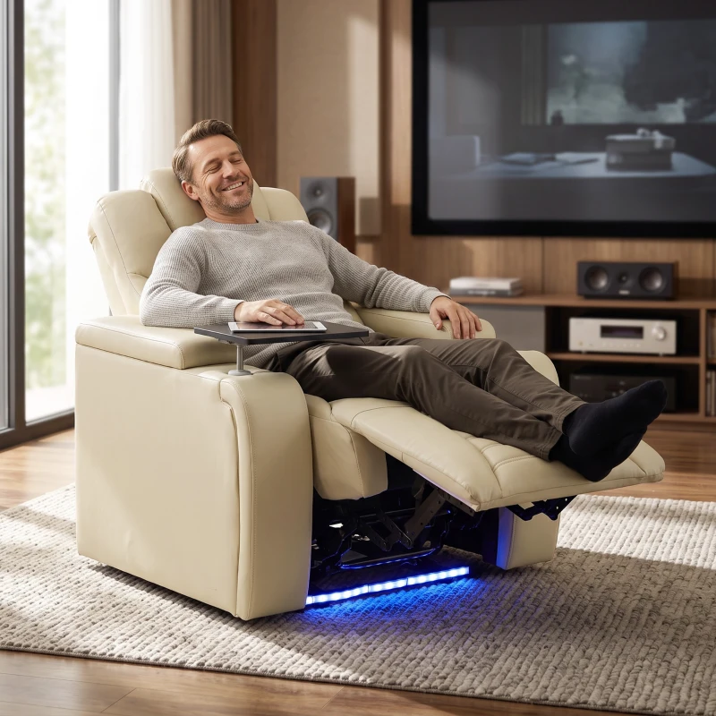 HOMCOM Fauteuil Relax Inclinable Électrique Chaleur Lombaire Massage Vibratoire Lumière LED Repose-pieds Ports USB et Type-C Blanc Crème