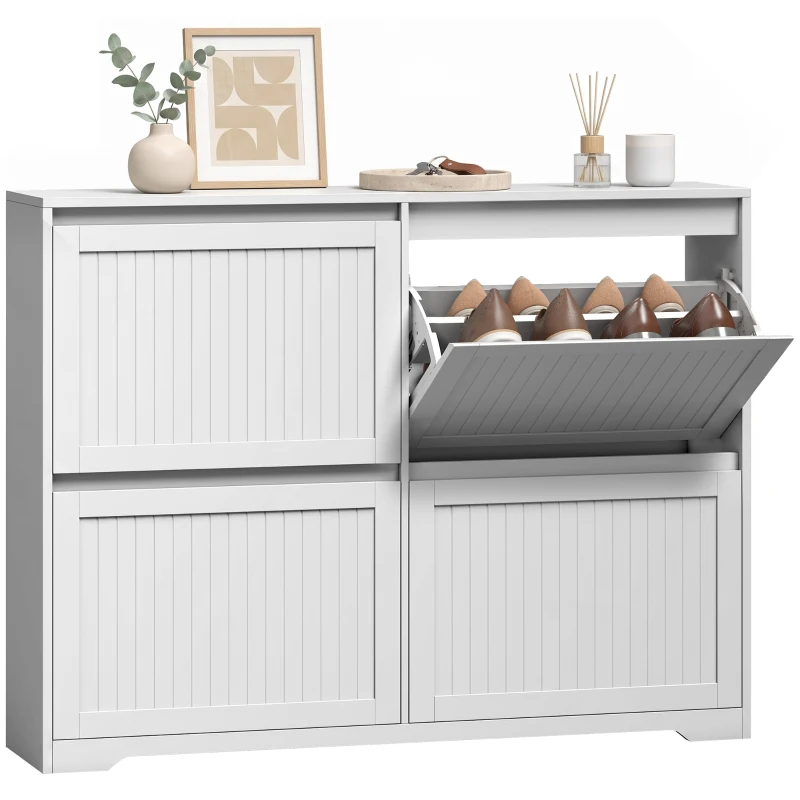 HOMCOM Pantofar slim cu 4 uși rabatabile, pentru 16 perechi, rafturi reglabile, 114,6x26x87,1 cm, alb