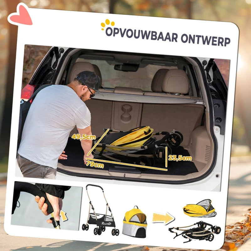 PawHut 2-in-1 Hondenbuggy en Hondentrolley, Opvouwbaar, 1 Mand, 1 Tas, 82 cm x 49,5 cm x 98 cm, Geel