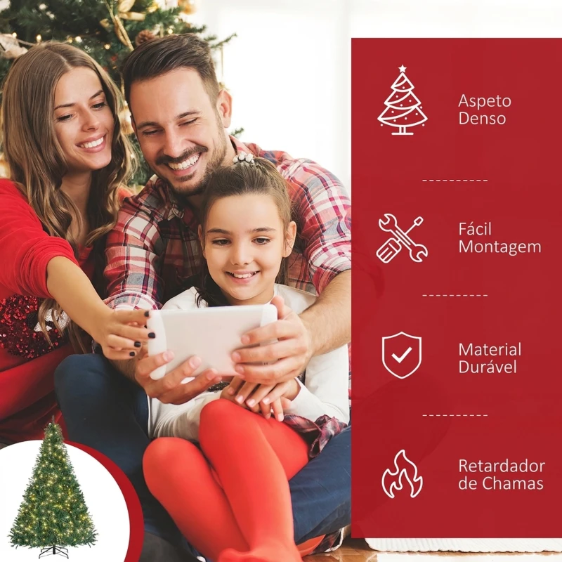 HOMCOM Árvore de Natal Artificial 210 cm com 700 LED Branco Quente, 2154 Pontas e Base Metálica Dobrável - Verde