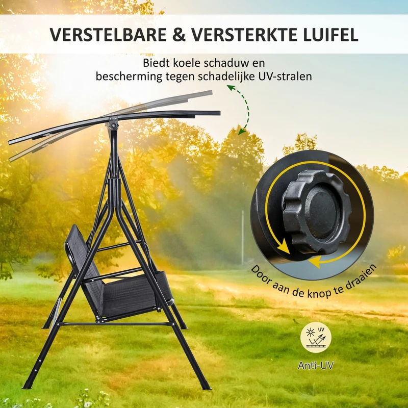 Outsunny 3-zits schommelstoel tuinschommel met verstelbare luifel zwart