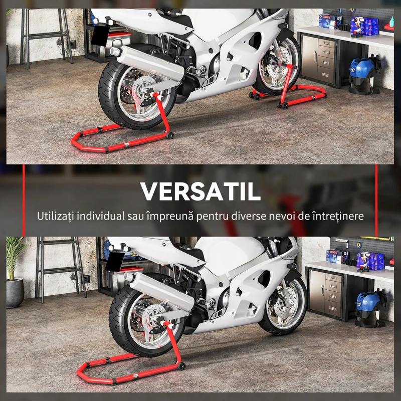 HOMCOM Set stand față și spate pentru motocicletă, cu furci reglabile U+L, roți, cleme de fixare, 390 kg