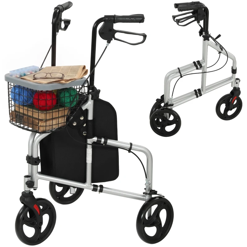HOMCOM Rolator pliabil ușor pentru seniori cu geantă și coș, 3 roți, 136 kg, argintiu
