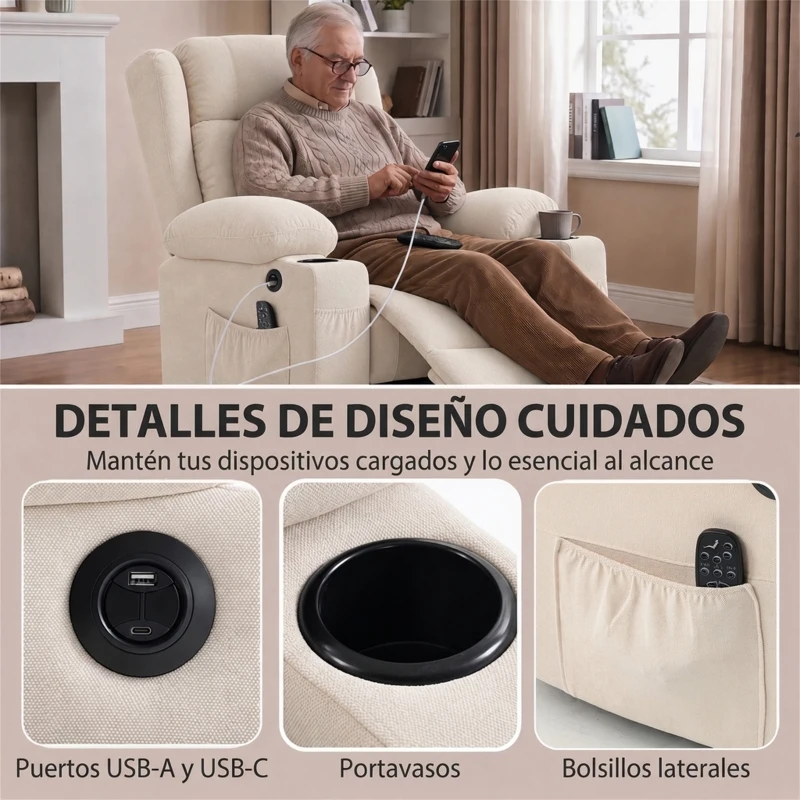 HOMCOM Sillón Relax Reclinable Eléctrico Levanta Personas con 8 Puntos Masaje y Calor Lumbar Puerto USB Mando Reposapiés Crema