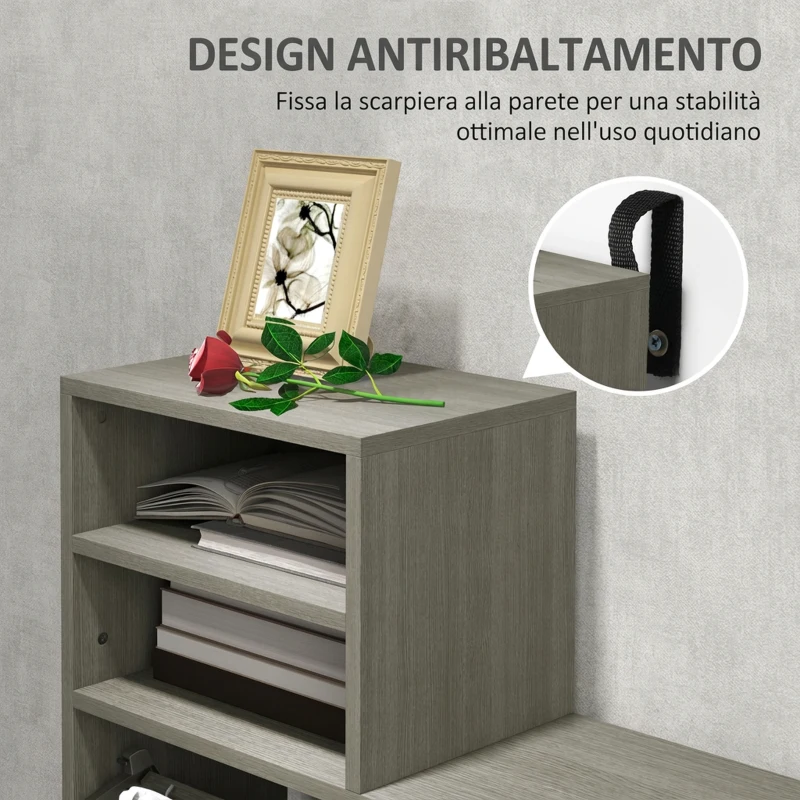 HOMCOM Set Mobili da Ingresso con Appendiabiti, Specchio, Panca con Scaffale e Scarpiera per 8 Paia di Scarpe, Grigio