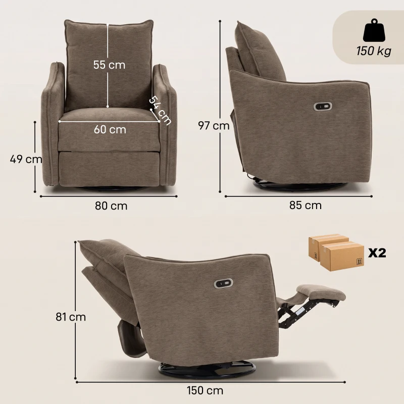 HOMCOM Fotoliu Recliner Electric 155° cu Suport pentru Picioare, Rotire 270°, Șezut Lat, Balans, Șenilă, Kaki