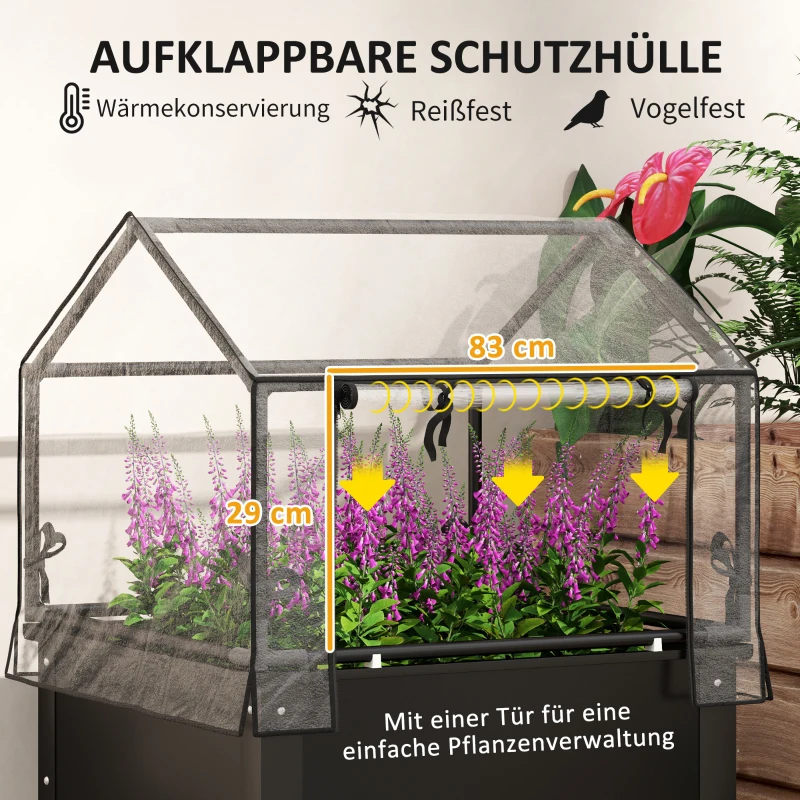 Outsunny Verhoogde Tuinbak met Kasdak, Verhoogde Plantenbox met Afvoergaten, 60 x 60 x 120 cm, Zwart