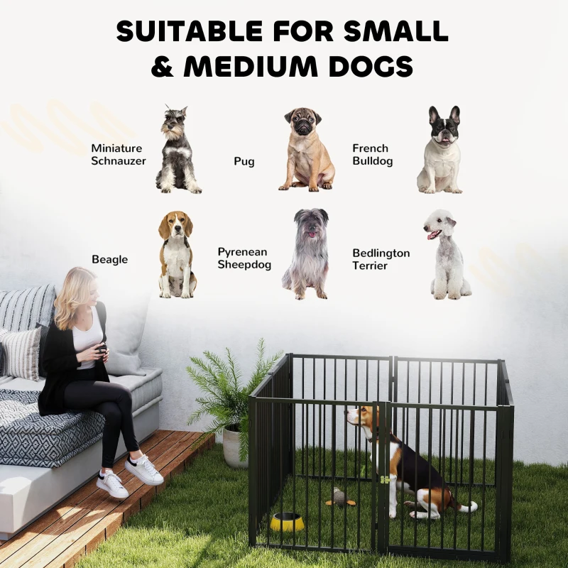 PawHut Puppyren, hondenren, puppyhek, 8 panelen met deur, opvouwbare en draagbare hondenomheining, staal, zwart(m-9)