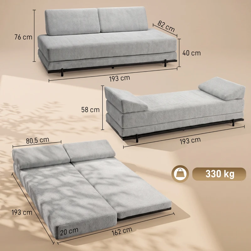 HOMCOM Canapé‑lit 3 places convertible 4 en 1, 2 coussins d'accoudoir, chenille, pieds en acier, 193x82x58 cm, Gris
