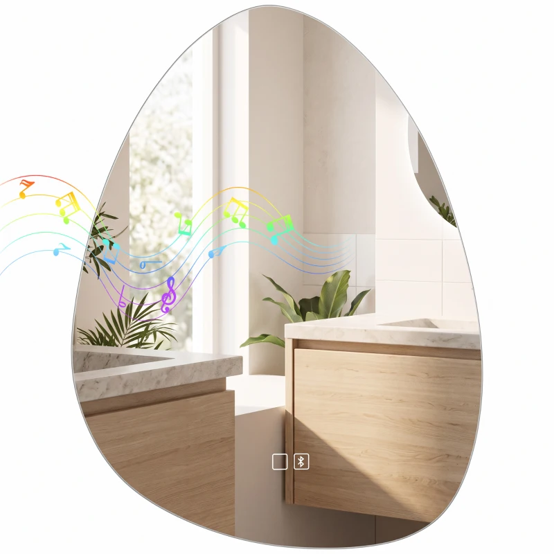 HOMCOM Oglindă de baie cu LED, 3 culori, 50x70 cm, neregulată, Bluetooth, anti-aburire, touch