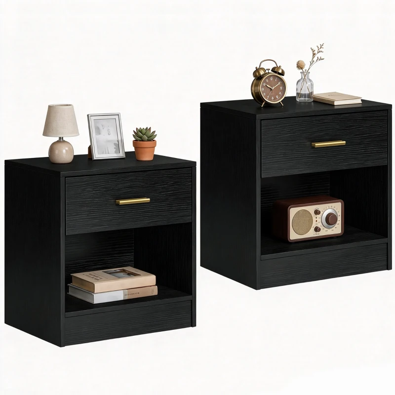 HOMCOM Set 2 Noptiere Moderne din Lemn cu Sertar și Poliță Deschisă, 39x28x41 cm, Negru