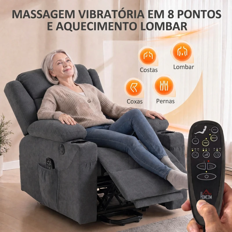 HOMCOM Poltrona Relax Elétrica Elevatória com 8 Pontos de Massagem e Calor Lombar, USB, Comando e Apoio para Pés, Cinzento