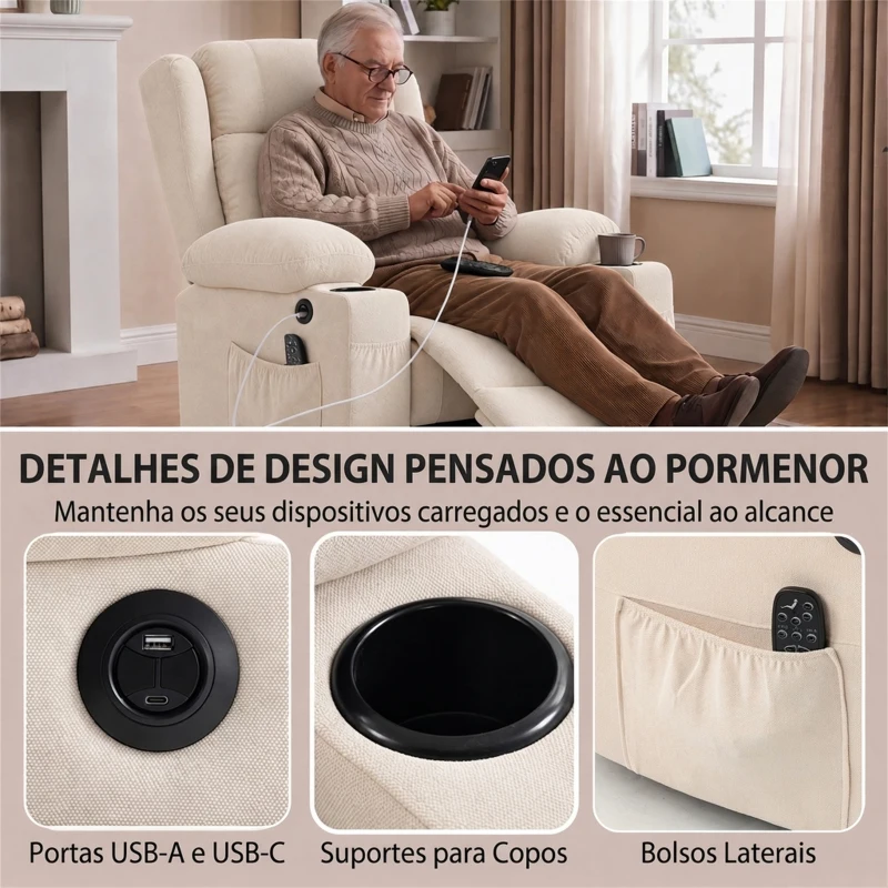 HOMCOM Poltrona Elevatória Reclinável Elétrica com 8 Pontos de Massagem, Calor Lombar, USB, Comando e Apoio para os Pés, Creme