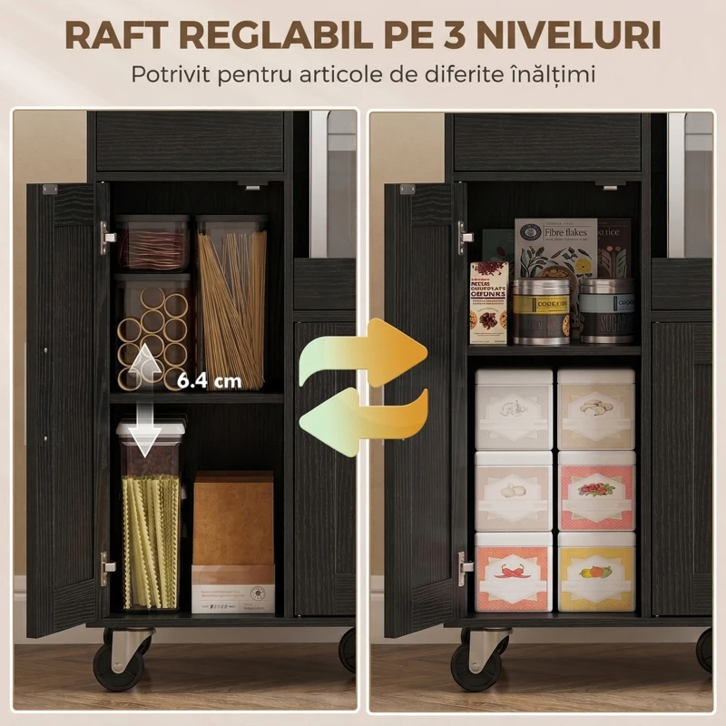 HOMCOM Dulap pentru Microunde din Lemn cu Sertar, 2 Dulapuri, Raft Deschis și Raft Reglabil, 80x40x88,7 cm, Negru
