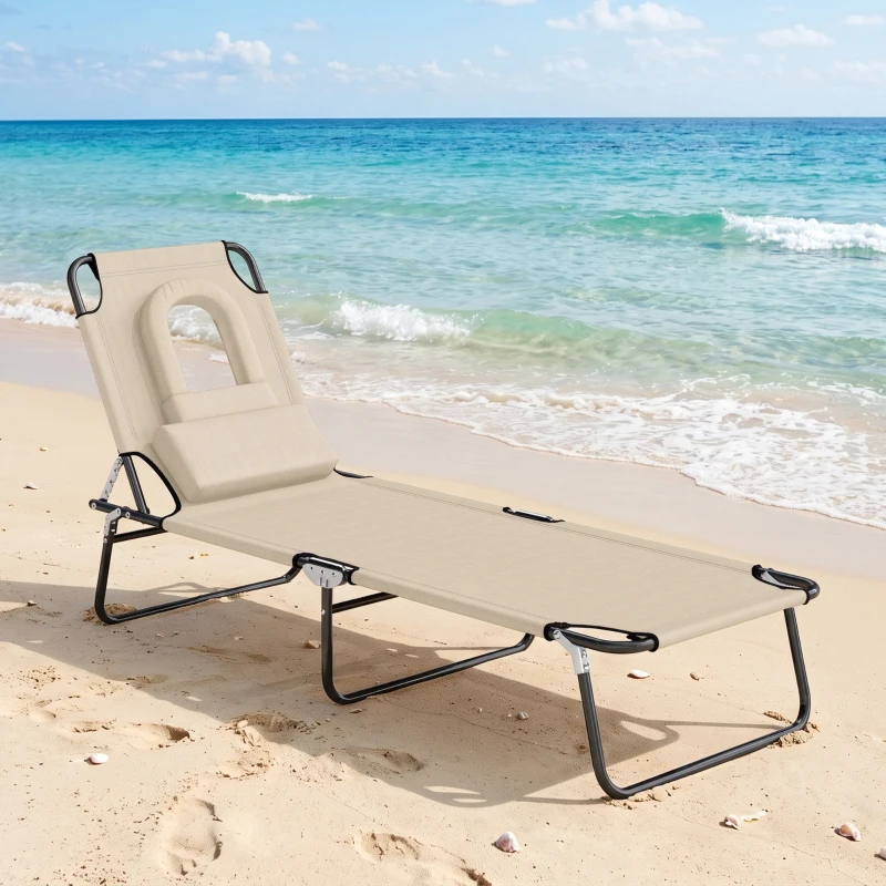 Outsunny Folding Sun Lounger with Face Hole, 4-Position Adjustable Backrest Garden Recliner Chair Sunbed, Outdoor Lounge Chair with 600 D Oxford Cloth Seat, Pillow for Beach, Beige
