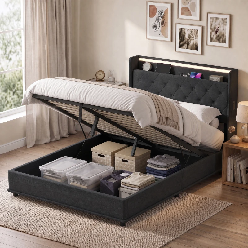 HOMCOM 4ft6 Double Bed Frame with Headboard, Platform Bed Frame with Hydraulic Storage, LED Lights and Charging Station, Black