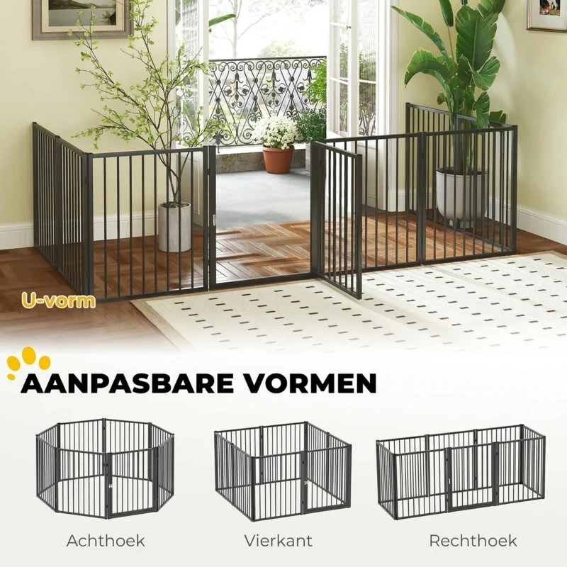 PawHut Puppyren, hondenren, puppyhek, 8 panelen met deur, opvouwbare en draagbare hondenomheining, staal, zwart(m-5)