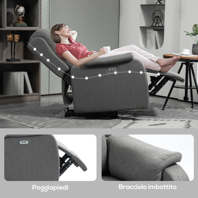 HOMCOM Poltrona Relax Elettrica Reclinabile 150° con Poggiapiedi in Tessuto e Presa USB, Grigio Scuro