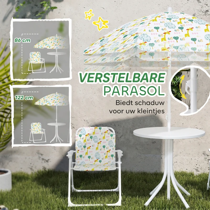 AIYAPLAY Kinderzithoek, Inklapbare Stoelset met Parasol, Kleurrijk Patroon, Wit