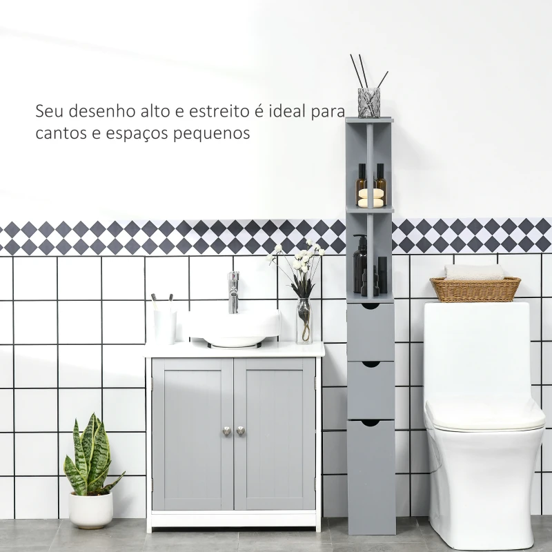HOMCOM Coluna de Casa de Banho Moderno Móvel Auxiliar com 2 Prateleiras, 2 Gavetas e 1 Porta Anti-queda 15x33x136,8 cm Cinzento